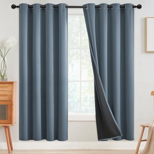 Stone Blue 100% Blackout Curtains Room Darkening Living Room 72L (Stone Blue / 52"W x 72"L (Pack of 2))