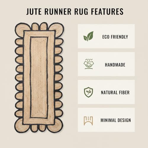 Scalloped Natural Jute Area Rug (Black / 2' x 12' (Runner))