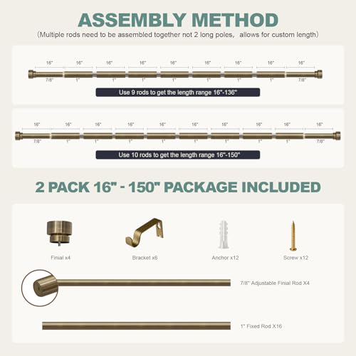 2 Pack Antique Bronze Curtain Rods for Windows 72 to 144 Inches Adjustable Heavy Duty 1" Diameter Window Curtain Rod with Solid Metal Finials for Outdoor Farmhouse Bedroom Kitchen Living Room (Antique Bronze / 16"-150"|2 Pack)