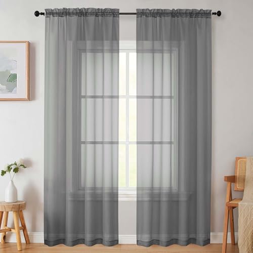 Sheer Grey Curtains for Bedroom Living Room 90 Inches Long 2 Panels Set (Grey / 42"W x 90"L (Pack of 2))