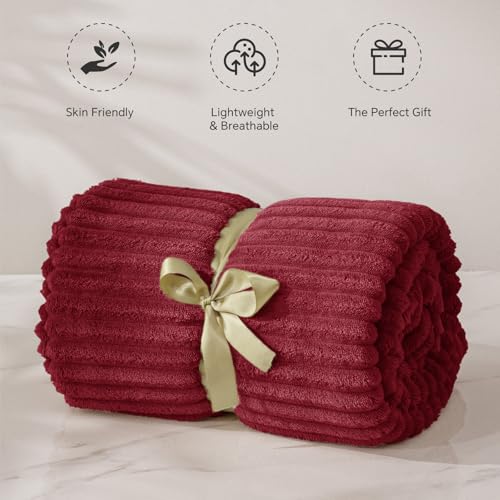 Ribbed Jacquard Burgundy Fleece Twin Blanket for Couch (Burgundy / Twin(60"x80"))