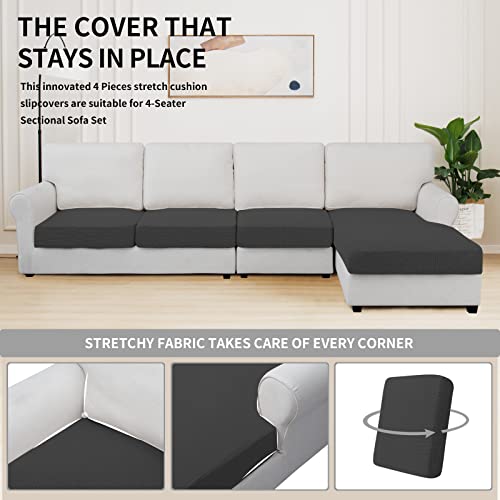 Stretch 4 Pieces Couch Cushion Covers for Sectional Sofa L Shape (3 Seater + 1 Chaise / Dark Gray)