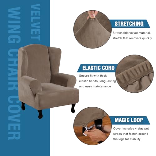 Wingback Chair Covers Velvet Plush Wing Chair Slipcover 1 Piece High Stretch Wing Back Chair Slipcovers Sofa Cover Furniture Cover with Elastic Bottom (Mocha / Wing Chair)