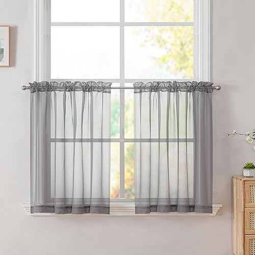 Grey Tier Curtains for Kitchen 24 Inches Long 2 PaSet (Charcoal Grey / 42"W x 24"L (Pack of 2))