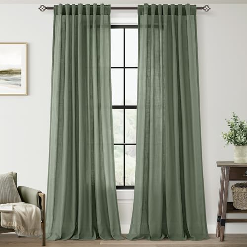 Olive Green Curtains 120 inch Length 2 Panels for Bedroom Back Tab Light Filtering Semi Sheer Drapes Linen Cotton Textured Airy Modern Farmhouse Living Room Sage Aesthetic Decor 52x120 (Olive Green / 52"W x 120"L (Pack of 2))