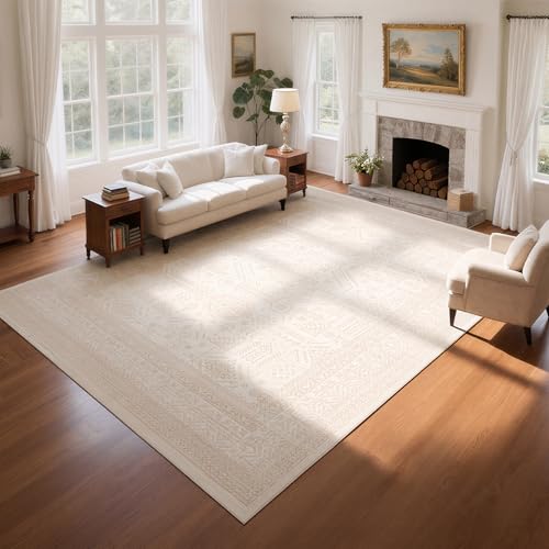 8x10 Retro Washable Area Rugs for Living Room (8' x 10' (Rectangular) / Light Brown-pale Yellow-white)