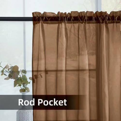 Solid Sheer Rod Pocket Curtain Voile Draperies 2 Panels White Beige Black Grey Coffee 52 Inch Width 84 Inch Long 1 Pair for Kitchen Bedroom Children Living Room Yard (Brown / 52"W x 84"L (Pack of 2))