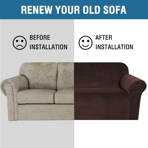 Stretch Velvet Sofa Covers for 3 Cushion Couch Covers Furniture Protector Soft with Non Slip Elastic Bottom (Chocolate / Sofa L)