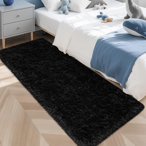 2x5 Bedside Area Rugs for Bedroom Soft Fluffy Shag Black Rug for Hallway Non (Black / 2' x 5' (Runner))