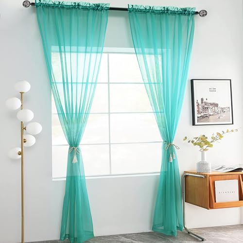 Solid Sheer Rod Pocket Curtain Voile Draperies 2 Panels White Beige Black Grey Coffee 52 Inch Width 63 Inch Long 1 Pair for Kitchen Bedroom Children Living Room Yard (Turquoise / 52"W x 63"L (Pack of 2))