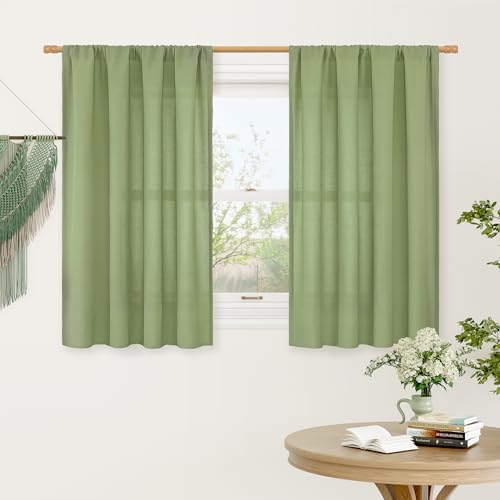 Sage Green Linen Curtains for Small Windows 45 Inch Length 2 Panels (42"W x 45"L (Pack of 2) / Rod Pocket - Sage Green)