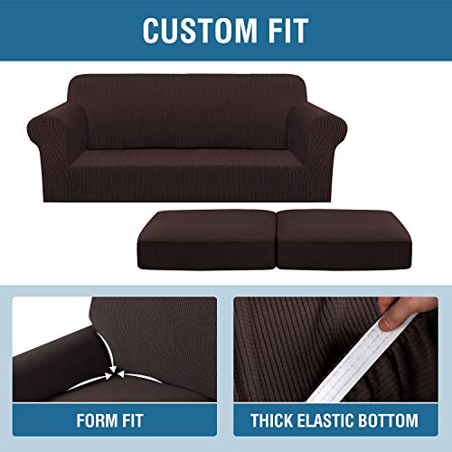 3 Piece Stretch Sofa Covers for 2 Cushion Sofa Couch Covers for Living Room Sofa Slipcovers (Medium-XL / Chocolate)
