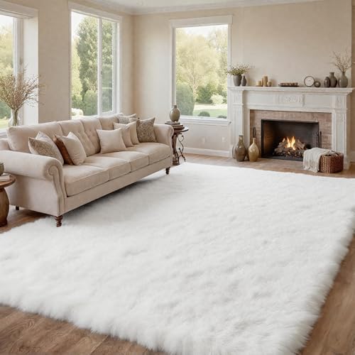 8x10 Fluffy Shag Area Rugs for Living Room Bedroom (White / 8' x 10' (Rectangular))