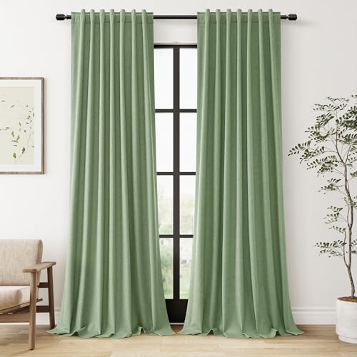 100% Blackout Linen Curtains 102 Inch Length 2 Panels Set for Living Room Bedroom Back Tab Thermal Insulated Black Out Linen Drapes Room Darkening Window Curtains (Light Sage / 52"W x 102"L (Pack of 2))