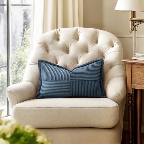 Blue Corduroy Lumbar Pillow Covers 12x20 Inch 12x20 Inch with Splicing Set of 2 Soft Boho Pillow Covers Broadside Decorative Textured Summer Coastal Pillowcases for Couch Bed Livingroom (Blue / 20" x 12" (Pack of 2))