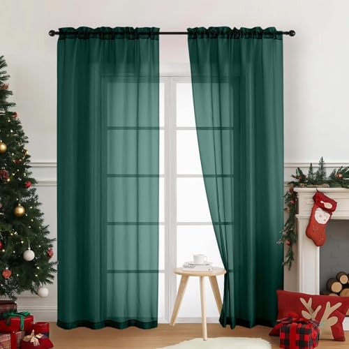 Green Sheer Curtains 84 Inches Long 2 Panels (42"W x 84"L (Pack of 2) / Hunter Green)