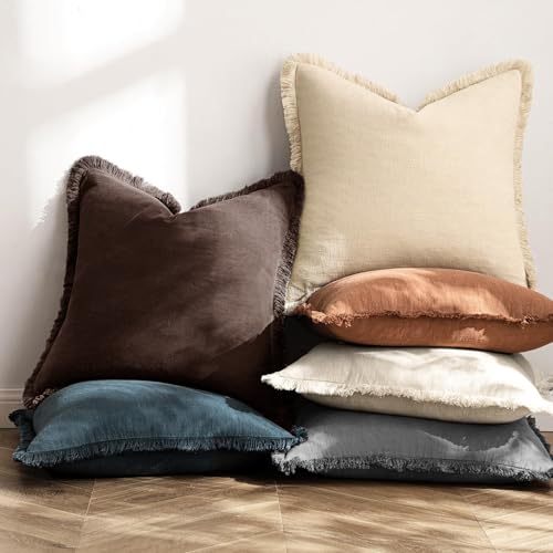 Linen Fringe Decorative Fall Throw Pillow Covers Dark Brown 20x20 (20" x 20" (Pack of 2) / Dark Brown)