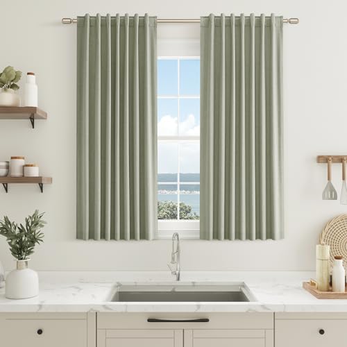 Sage Green 100% Blackout Curtains 45 Inch Length 2 Panels Set for Living Room Bedroom Back Tab Thermal Insulated Black Out Linen Drapes Room Darkening Window Curtains 52x45 (Sage Green / 52"W x 45"L (Pack of 2))
