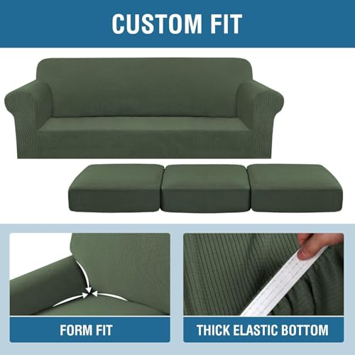4 Piece Stretch Sofa Covers for 3 Cushion Couch Covers for Living Room Furniture Slipcovers (Large Plus / Bronze Green)