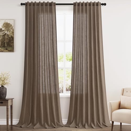 Light Brown Linen Curtains 120 Inch Extra Long for Living Room Back Tab Light Filtering Semi Sheer Drapes Modern Farmhouse Boho Decor Cotton Textured Curtain for Floor to Ceiling High Window 52x120 (52"W x 120"L (Pack of 2) / Light Brown)