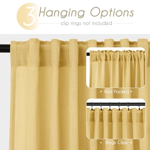 Gold Curtains for Living Room Back Tab Modern Farmhouse Semi Sheer Curtains 96 inches Long 2 Panels Set Muted Neutral Window Curtain for Dining Room Bedroom 52x96 (Rich Gold / 52"W x 96"L (Pack of 2))