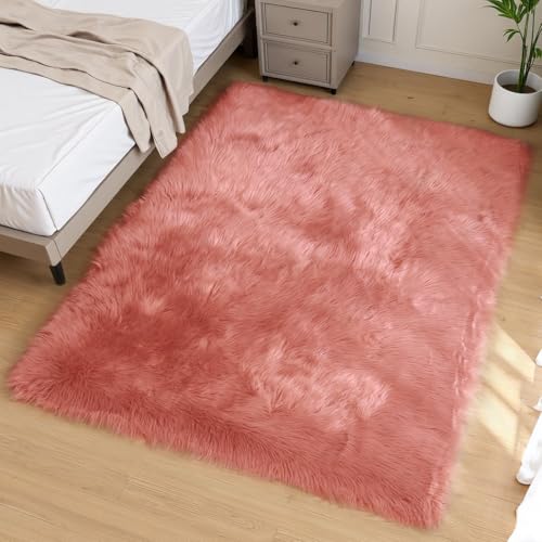 Pink Area Rug 5x8 Fluffy Fuzzy Furry Carpet for Girls Bedroom Living Room Faux Sheepskin Fur Shaggy Plush Rectangle (5' x 8' (Rectangular) / Light Pink)