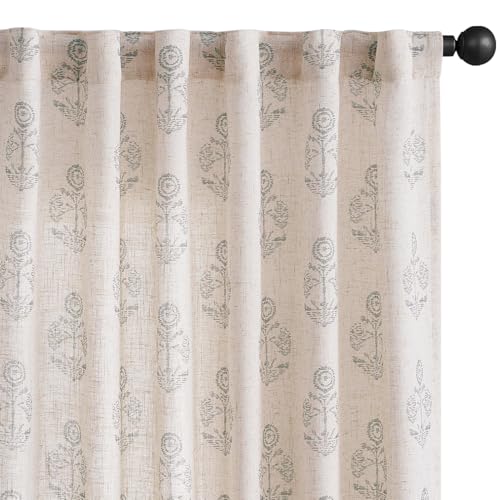 Floral Linen Grey Curtains 63 Inch Vintage Back Tab 2 Panels (*Floral Grey / 50"W x 63"L (Pack of 2))