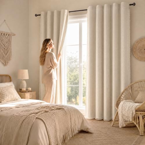 Boho 100% Blackout Curtains 84 Inch 2 Panels Linen Blend Beige (Beige / 52"W x 84"L (Pack of 2))