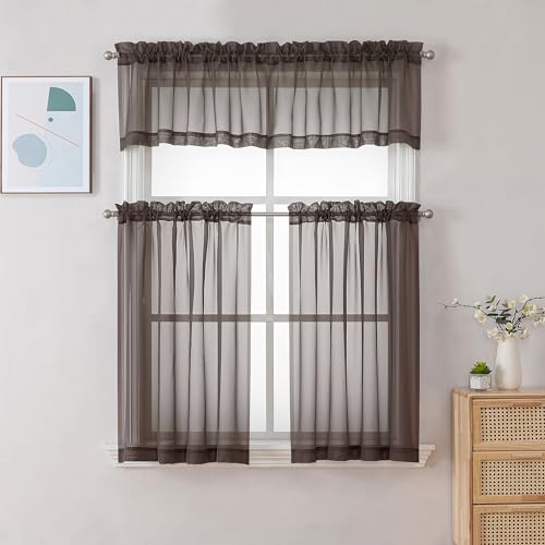 Sheer Chocolate Brown Tier Curtains 24 Inch Length (Chocolate Brown / 42"W x 24"L (Pack of 2))