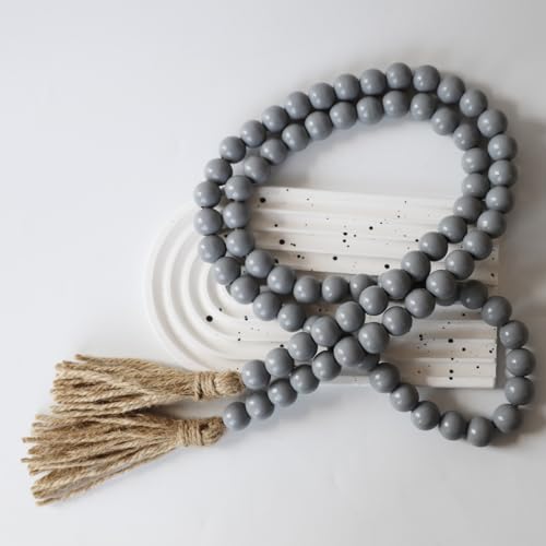 Boho Decor Wood Beads Garland Farmhouse Wall Hanging Decorations Natural Wooden Bead Tassel Decorative for Coffee Table Christmas and Prayer (Grey / 58")