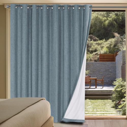 Linen Blackout Curtains Durable Thick Textured Linen Look 100% Blackout Patio Door Curtain Anti Rust Grommet Extra Wide Sliding Door Curtain Panel (Stone Blue / 100"W x 84"L (Pack of 1))