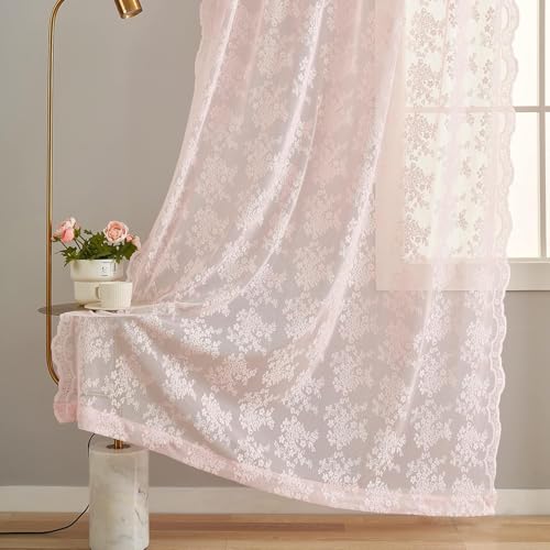 Vintage Lace Curtains 108 inches Long 2 Panels Cute Floral Pink Sheer Curtains for Sliding Door Backdrops Romantic Pricess Baby Girl Room Decor Light Filtering 52 x 108 Inch Light Pink (Light Pink / 52"W x 108"L (Pack of 2))