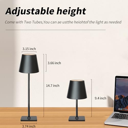 Outdoor Waterproof Cordless Wireless Rechargeable Portable Top Touch Battery Operated Powered LED Table Lamp Desk Lamp Lights for Restaurant Kitchen Patio Dinner Dining (Black+Wicker Lampshade)