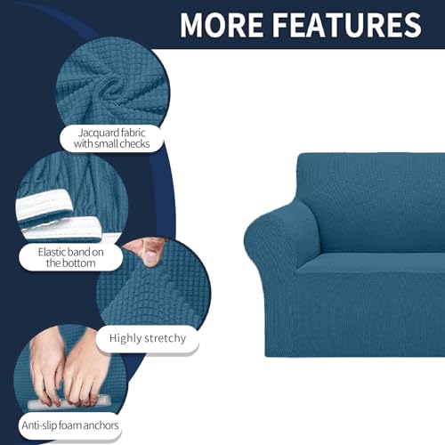 2026 New Stretch Loveseat Sofa Slipcovers Couch Cover for 2 Cushion Furniture Protector Sofa Covers with Elastic Bottom Jacquard Fabric Small Checks for Pets (Peacock Blue / Loveseat)