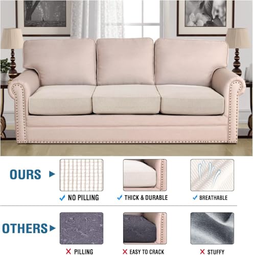Super Stretch Individual Seat Cushion Cover Sofa Covers Couch Cushion Covers Slipcover Sets Thick Jacquard Textured Twill Fabric (Ivory / 3 Cushion Sofa)