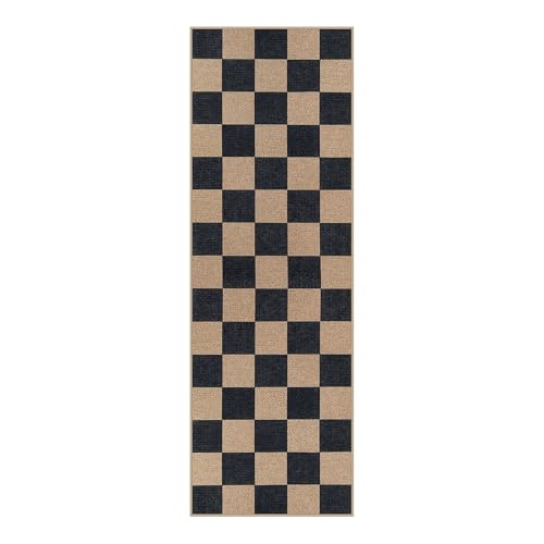 Checkered Easy Jute Outdoor Runner Rug (2' x 6' (Runner) / Black/Checkerboard -1)