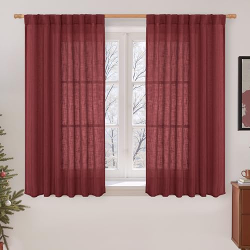 Semi Sheer Linen Curtains 45 Inches Long for Windows (Burgundy Red / 52"W x 45"L (Pack of 2))
