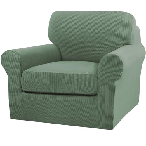 2 Piece Chair Covers Armchair Slipcovers for Living Room Armchair Sofa Cover with Individual Cushion Covers Feature Jacquard Fabric (Armchair (1 Cushion) / Loden Frost)