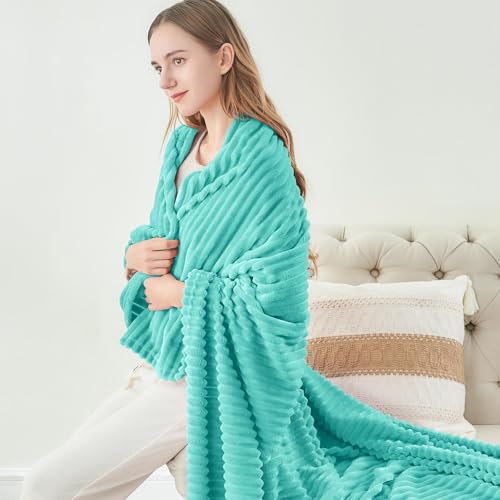 3D Ribbed Jacquard Aqua Fleece Throw Blanket for Couch (Aqua / Throw(50"x60"))