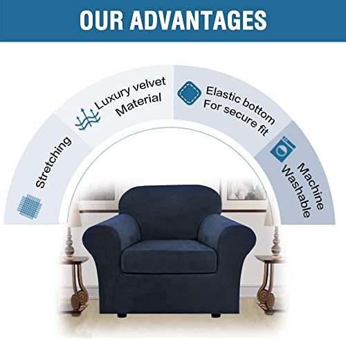 Rich Velvet Stretch 2 Piece Cover Chair Slipcover Sofa Cover Furniture Protector Couch Soft with Elastic Bottom Chair Couch Cover with Arms Width Up to 49 Inch (1 Cushion Chair / Navy)