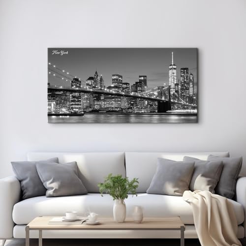 New York Wall Art for Living Room Brooklyn Bridge Canvas Prints Black and White Manhattan Night View Posters Modern Cityscape Panoramic Painting Artwork for Bedroom Office Home Decoration 24x48" (48"L x 24"W / New York)