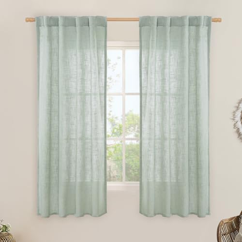63 Inch Semi Sheer Linen Curtains for Bedroom Living Room (Light Sage / 34"W x 63"L (Pack of 2))