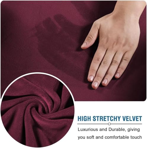 High Stretch Sofa Slipcover 4 Piece Cover Velvet Furniture Protector Form Fit Thick Velvet Extra Large Sofa Cover for 3 Cushion Couch Width Up to 97 Inch (3 Cushion Large Sofa / Wine/Burgundy)