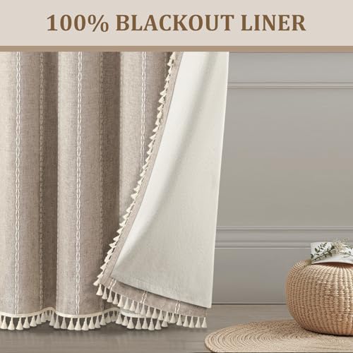Khaki Brown Boho Blackout Curtains 84 Inch 2 Panels with Tassels (Khaki Brown / 52"W x 84"L (Pack of 2))