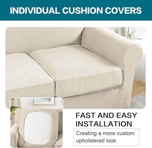 4 Piece Sofa Covers for 3 Cushion Couch Sofa Slipcover Soft Couch Cover for Dogs Washable Furniture Cover with 3 Individual Large Cushion Covers Feature Fabric (L Sofa (3 Cushion) / Biscotti Beige)