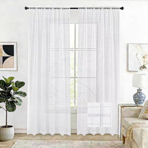 Check Sheer Curtains 90 Inches Long for Living Room (Check - White / 52"W x 90"L (Pack of 2))