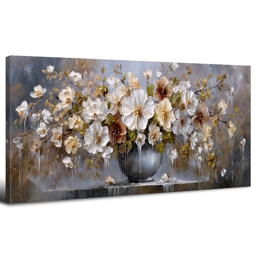 Flower Wall Art Vintage Floral Canvas Prints for Living Room Rustic Farmhouse Still Life Pictures Botanical Flowers Paintings Poster Modern Neutral Artwork for Bathroom Kitchen Decoration 24x48" (48"L x 24"W / White Flower)