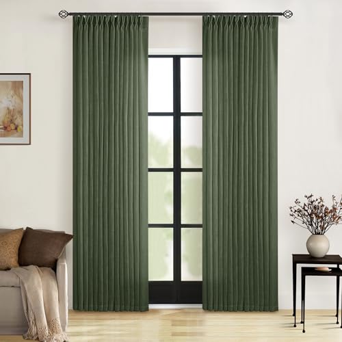 80 Inches Long Olive Green Pinch Pleat Thick Linen Curtains for Bedroom (Olive Green / 40"W x 80"L (Pack of 2))