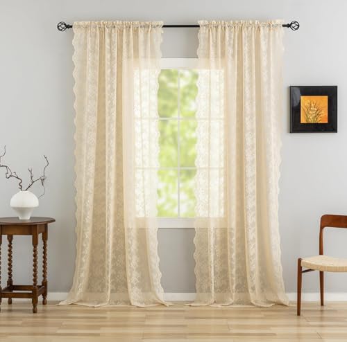 Vintage Lace Curtains 108 Inches Long (Beige / 52"W x 108"L (Pack of 2))