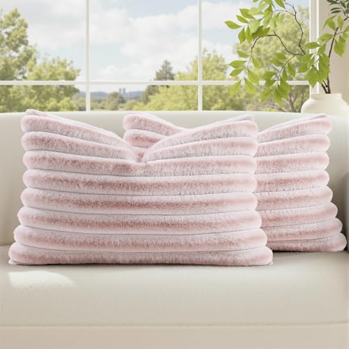 Fall Faux Fur Throw Pillow Covers 12x20 Set of 2 Pink White (Pink White / 20" x 12" (Pack of 2))
